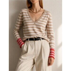 Veronica Beard Florrie Sweater Women's Small Khaki Stripe V Neck Lightweight
